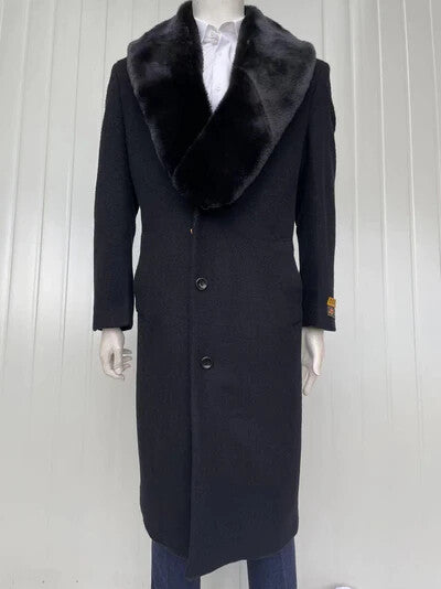 Mens Black Long Overcoat with Faux Fur Collar, Full Length Winter Topcoat for Formal and Business Wear