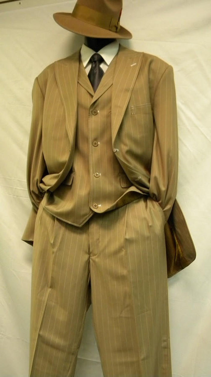 Tan pinstripe zoot suit: long, loose jacket, vest, and wide-leg pants. Smooth fabric, vertical stripes. Wide pants taper at the ankle. Matching hat. Uniform tan color.
