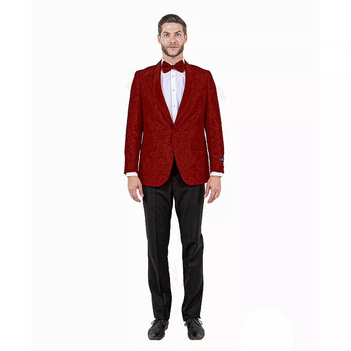 Burgundy paisley tuxedo jacket features a textured paisley pattern, double-button closure, and notched lapels. The jacket is crafted from a smooth fabric with front pockets.