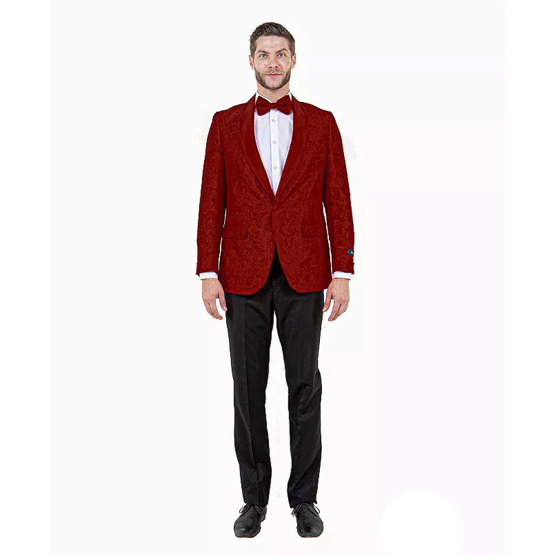 Burgundy paisley tuxedo jacket features a textured paisley pattern, double-button closure, and notched lapels. The jacket is crafted from a smooth fabric with front pockets.
