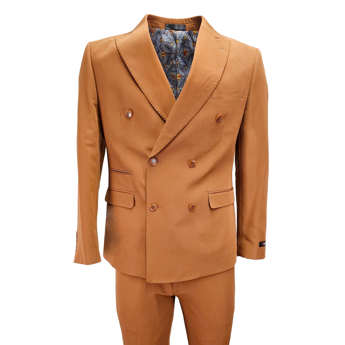 Men's Vitali slim-fit double-breasted suit in rust-brown. Features a smooth fabric, notched collar, and decorative pockets. Patterned lining is visible. Matching slim-fit pants complete the ensemble.
