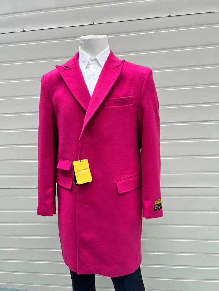 Men's hot pink wool blend overcoat. Notched collar, single-breasted, two pockets, slim fit. Thick winter fabric.
