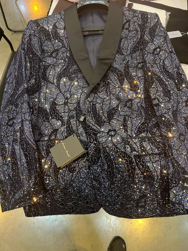 Navy black glitter floral tuxedo jacket. Satin black lapel, sequin floral pattern. Reflects light, perfect for dinners and events.
