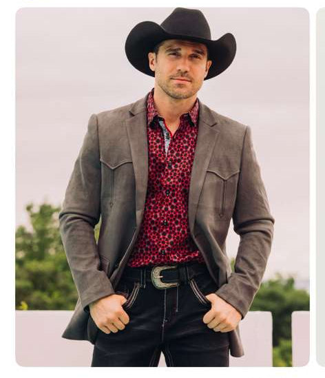 Men’s brown western faux suede blazer features a tailored fit with a smooth texture, shaped lapels, and Western-styled yoke details on the front and back.