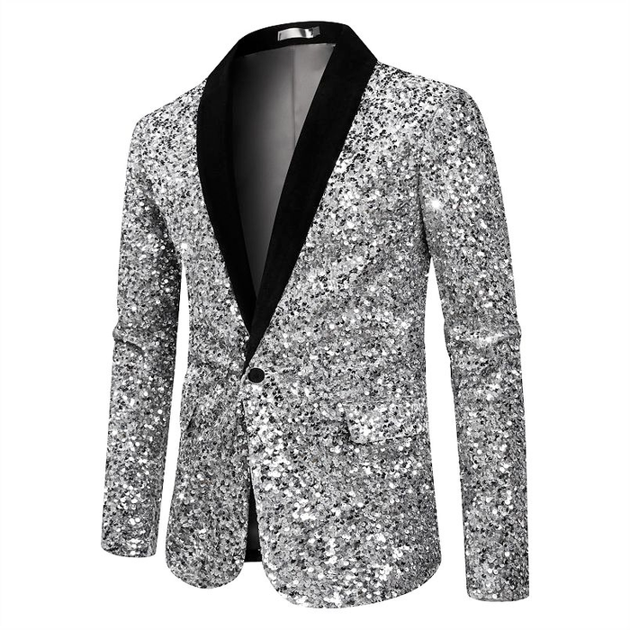 Men’s Silver Sequin Blazer Disco Style Jacket – Black Lapel Party Blazer, Shiny Evening Wear, 70s Dance Outfit, Formal Event Jacket