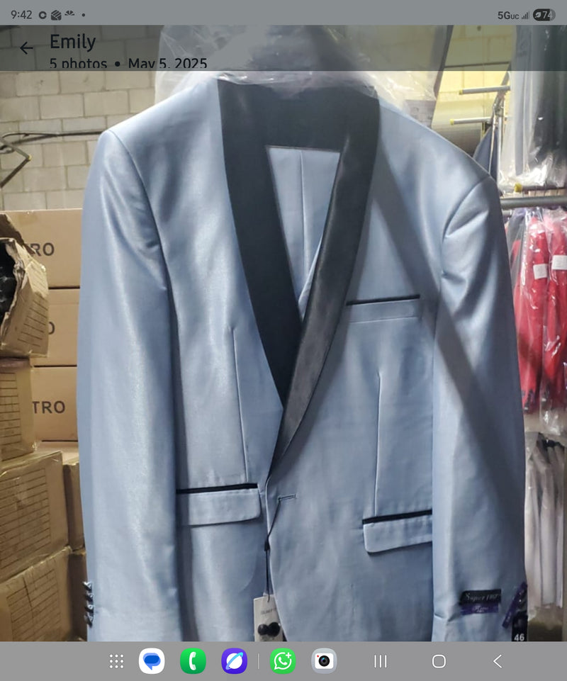 Men’s Light Blue Shiny 3 Piece Suit with Black Shawl Lapel | Formal Wedding Prom Suit - Sateen Sharskin Suit
