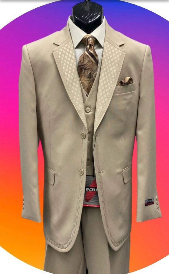 Men’s Tan Beige 3 Piece Tuxedo Suit – Beige Formal Suit Set with Vest, Patterned Lapel and Tie for Wedding, Prom in Tan Khaki Color