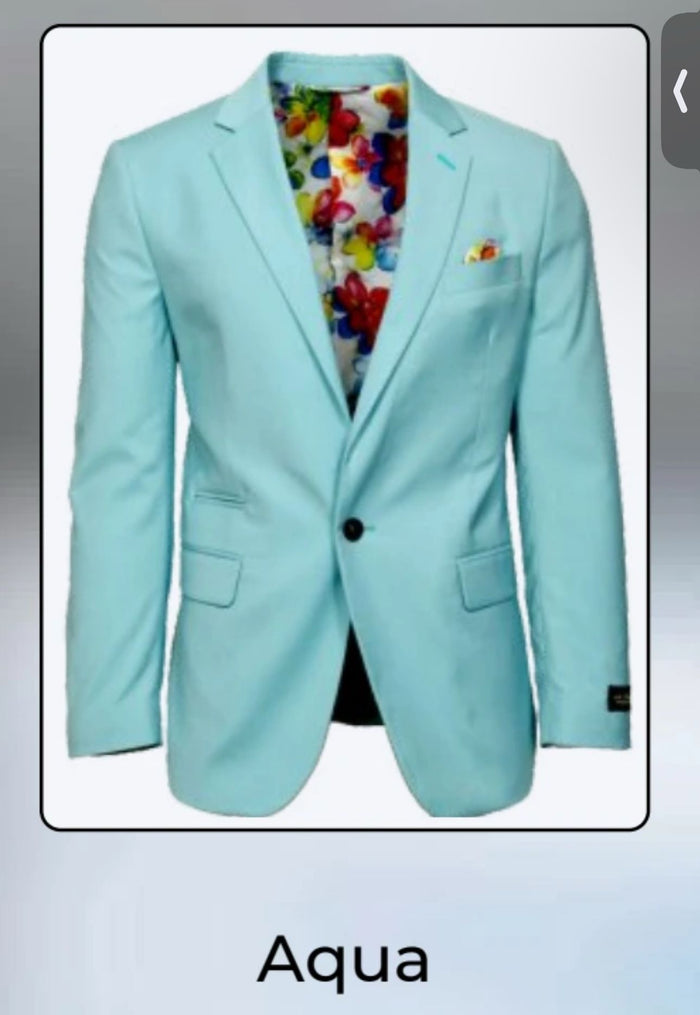 Men's slim fit aqua blazer. Single button closure, light turquoise outer, floral lining. Notched lapel, two front pockets. Stylish and modern design.
