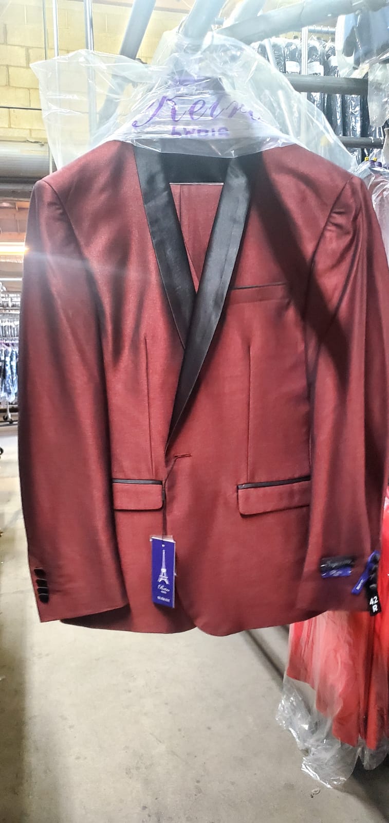 Mens Shiny Burgundy Satin Tuxedo Jacket with Black Shawl Lapel | Formal Wedding & Prom Blazer - Sharkskin Fabric