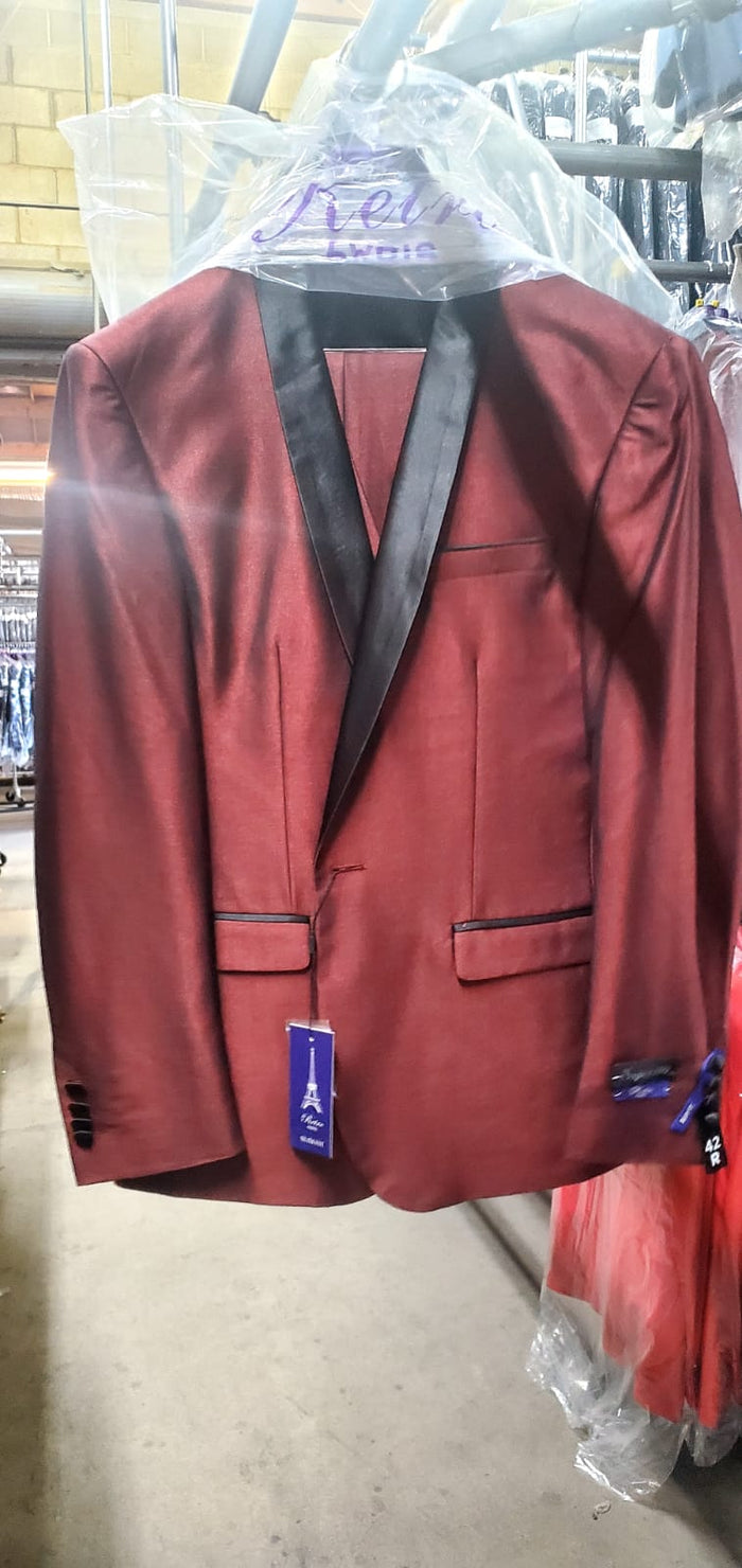 Mens Shiny Burgundy Satin Tuxedo Jacket with Black Shawl Lapel | Formal Wedding & Prom Blazer - Sharkskin Fabric