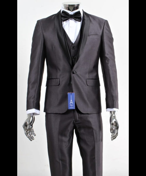 Menâ€™s Shiny Sateen Charcoal Gray Tuxedo 3 Piece Suit with Black Shawl Lapel | Formal Wedding Prom Suit Sharkskin