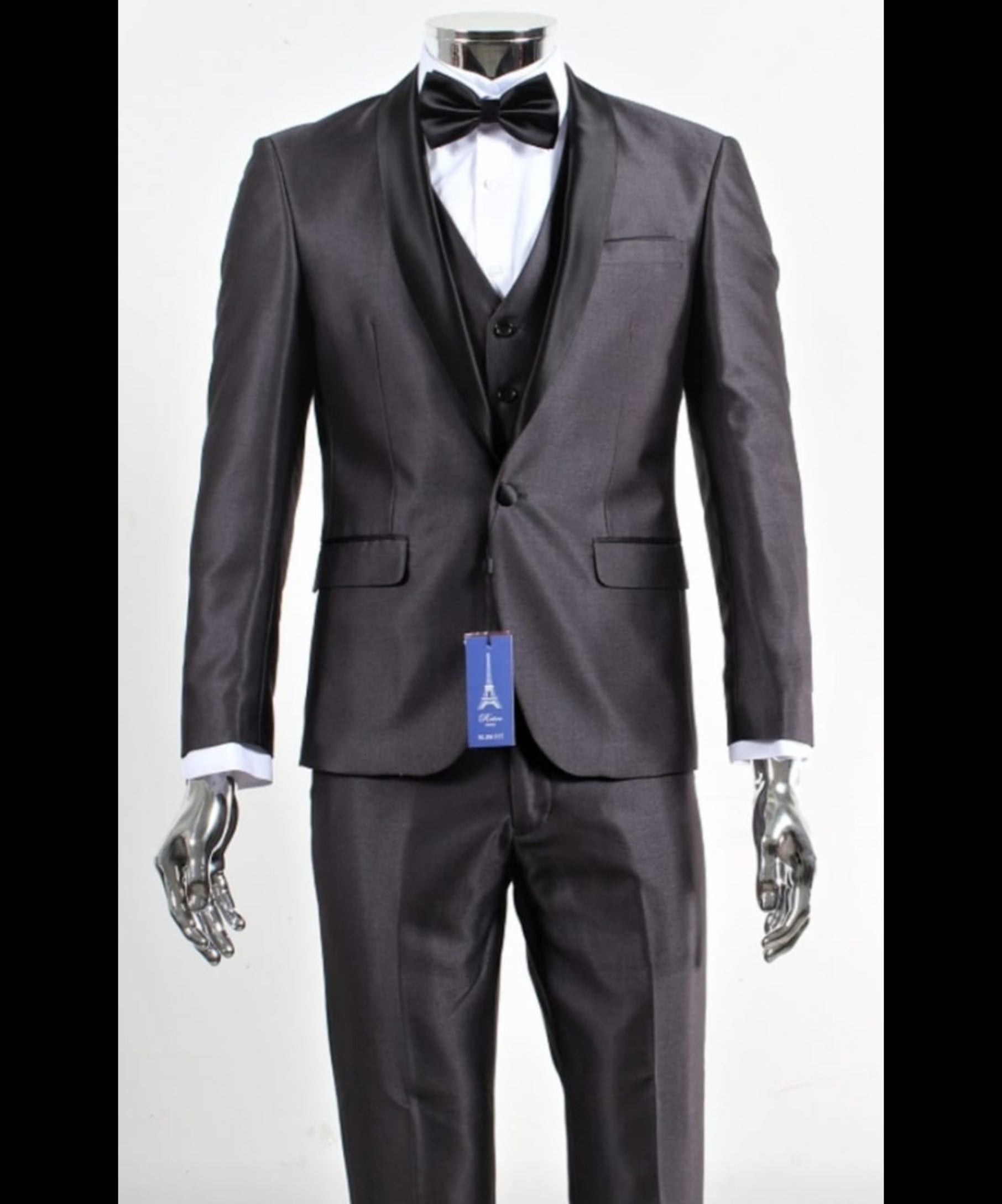 Menâ€™s Shiny Sateen Charcoal Gray Tuxedo 3 Piece Suit with Black Shawl Lapel | Formal Wedding Prom Suit Sharkskin