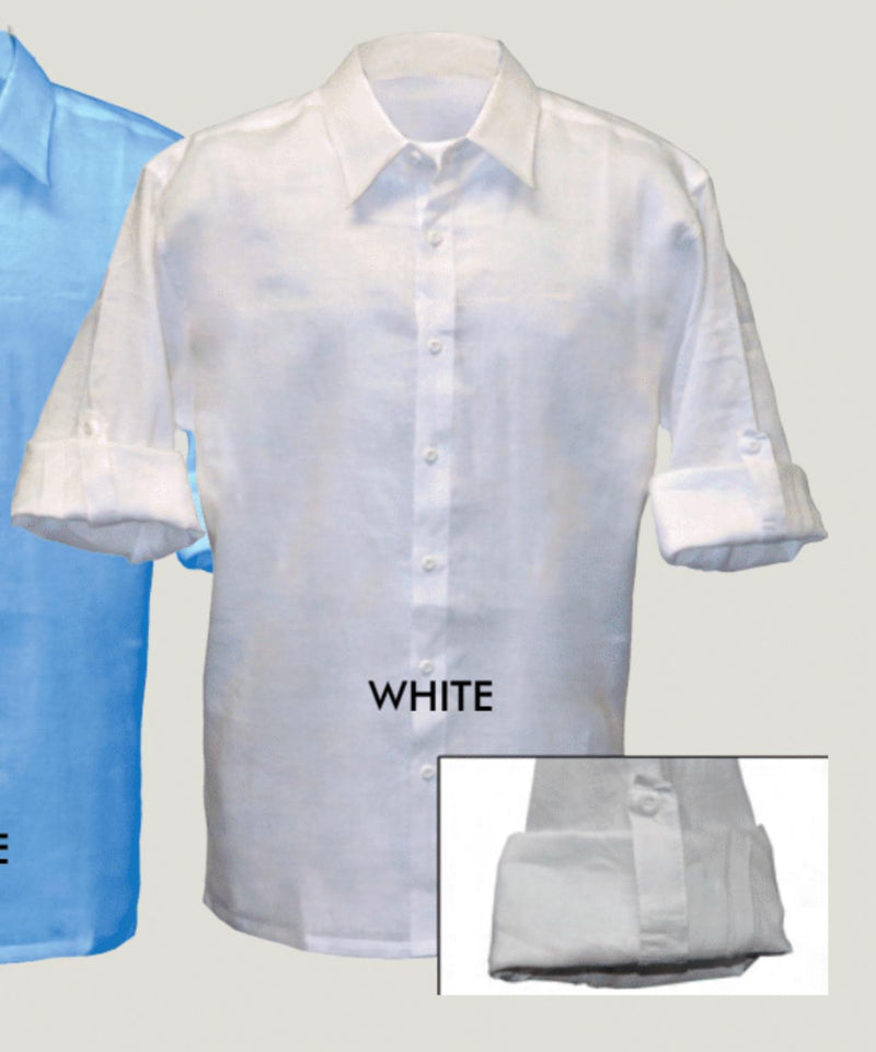 Men's white linen long-sleeve shirt with a classic collar. Lightweight, breathable fabric, rolled-up sleeves, and button-down front. Features a straight hem for a relaxed fit.

