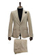 Men's sand beige velvet tuxedo suit: slim fit blazer with notched lapels, single button, front pockets. Matching trousers. Soft, textured velvet in natural beige.
