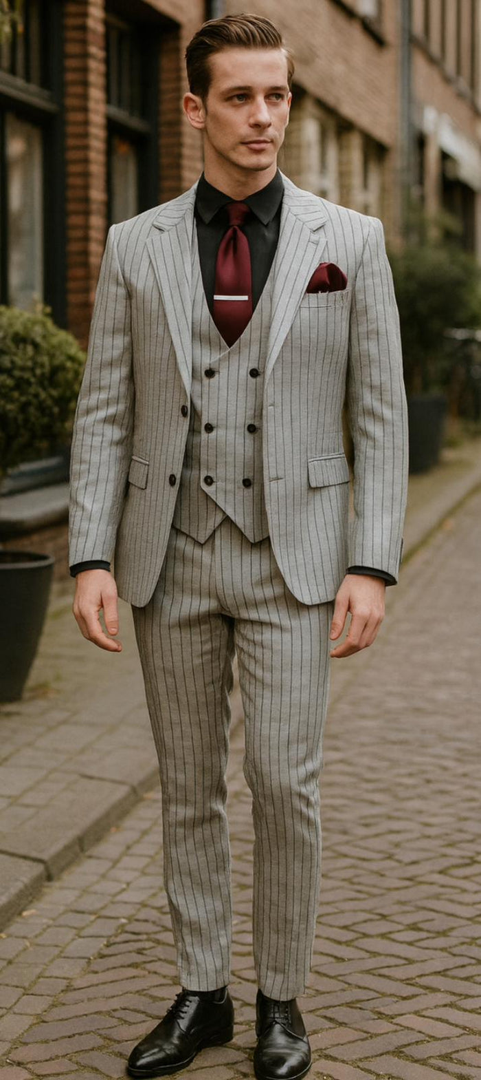 Men's Light Gray Pinstripe 3 Piece Suit – Peaky Blinders Inspired Vintage Gangster Style Formal Suit