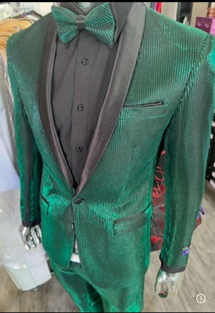 Men's Emerald Green Shiny Tuxedo with Black Satin Lapel and Matching Bow Tie Ultra Slim Fit