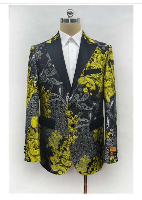 Men's yellow tuxedo blazer with black and gold floral pattern, including yellow roses and paisley on a black backdrop. Features black shawl lapel, two pockets, and single-button closure.
