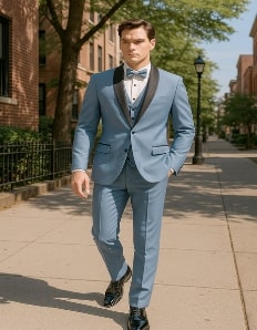 Light blue tuxedo with black shawl collar, matching trousers, and a black bow tie. Classic 90s style, fitted jacket.