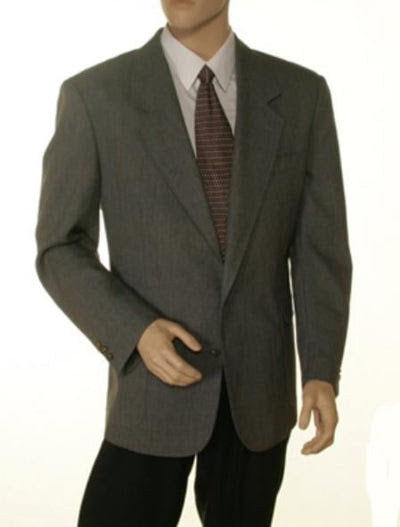 Dark grey men's blazer with structured design. Single-breasted, notch lapels, and charcoal grey textured fabric with faint pinstripes. Long sleeves with button cuffs.

