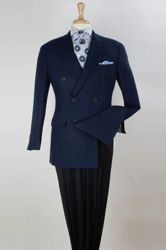 Navy double-breasted Alberto Nardoni blazer suit jacket. Textured wool blend, tailored fit, notched lapel, chest pocket with light blue pocket square. Buttoned cuffs, paired with dark trousers.
