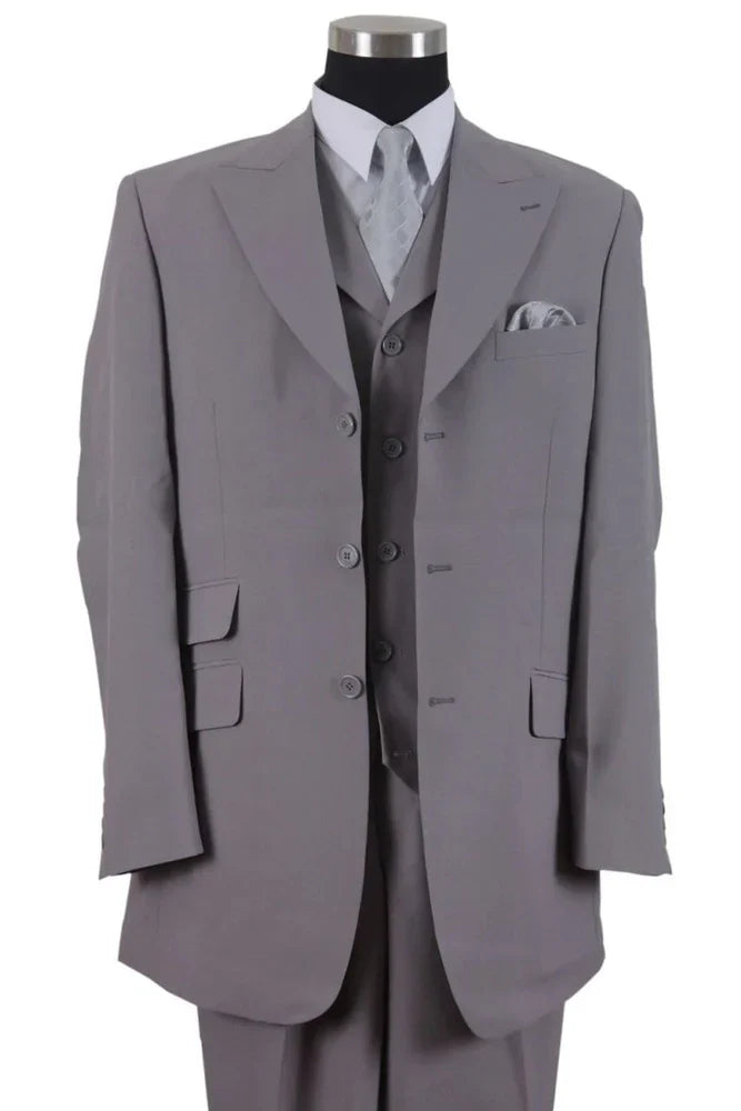 Men's gray zoot suit: oversized jacket, matching pants, notched lapel, multiple pockets, five buttons. Includes vest, hat, and 1920s-style shoes.