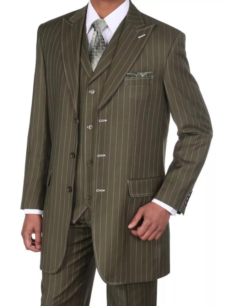 Olive green pinstripe zoot suit: three-piece, structured blazer, matching vest, tailored trousers. Fine pinstripe on olive green. Blazer: notched lapel, front buttons, pocket square. Vest: pinstripe, buttons. Classic-cut trousers.
