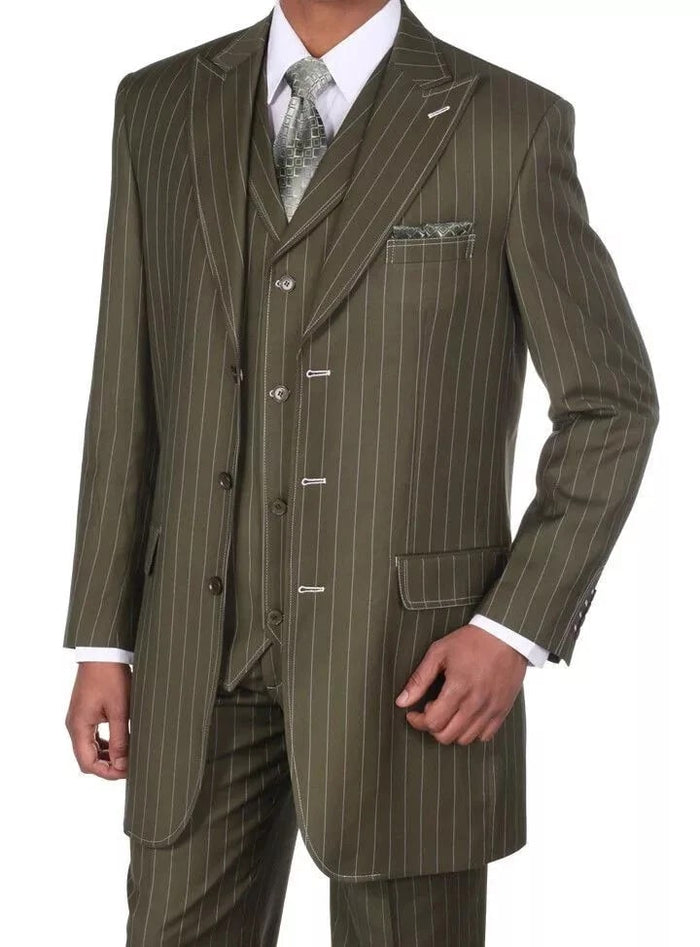 Olive green pinstripe zoot suit: three-piece, structured blazer, matching vest, tailored trousers. Fine pinstripe on olive green. Blazer: notched lapel, front buttons, pocket square. Vest: pinstripe, buttons. Classic-cut trousers.
