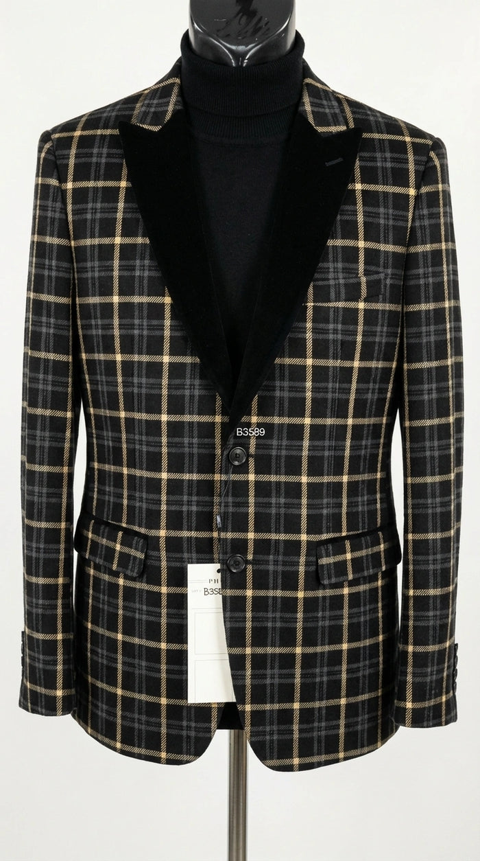 Mens Tartan Black and Gold Check Blazer – Windowpane Plaid Sport Coat Velvet Lapel Formal Party Jacket Chirsitmas New Year Holiday Jacket