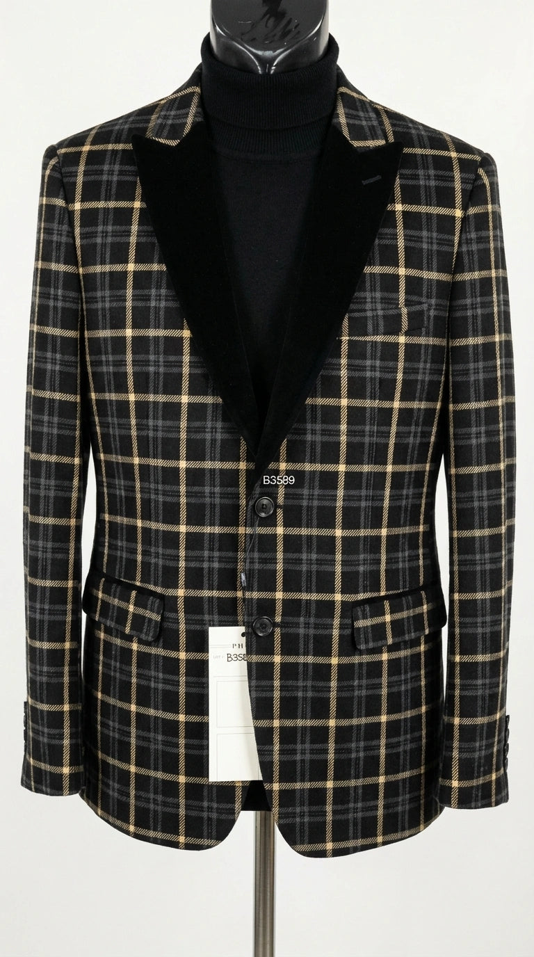 Mens Tartan Black and Gold Check Blazer – Windowpane Plaid Sport Coat Velvet Lapel Formal Party Jacket Chirsitmas New Year Holiday Jacket