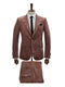 Men's mauve velvet two-piece suit. Ultra slim fit with notched lapels, single-button blazer, and matching light brown pants. Blazer has front pockets; pants feature waistband and concealed fastening.
