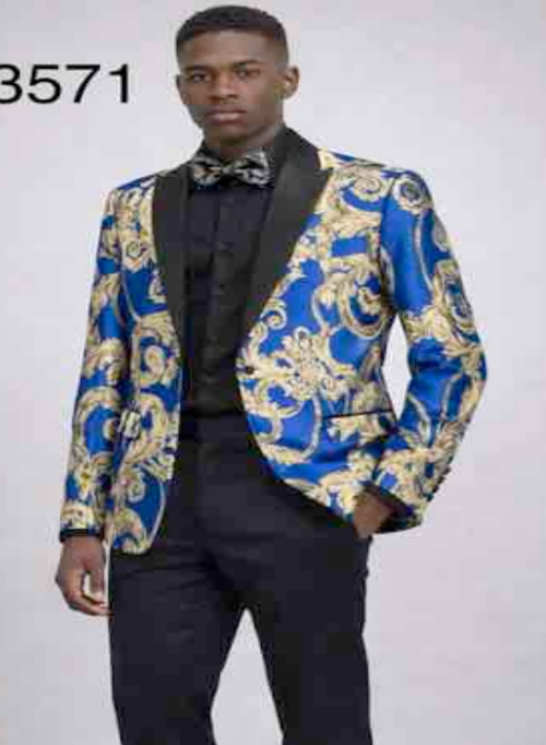 Men’s Royal Blue and Gold Blazer Jacket – Luxury Floral Pattern Tuxedo Blazer, Formal Party Wedding Dinner Jacket, Stylish Evening Wear
