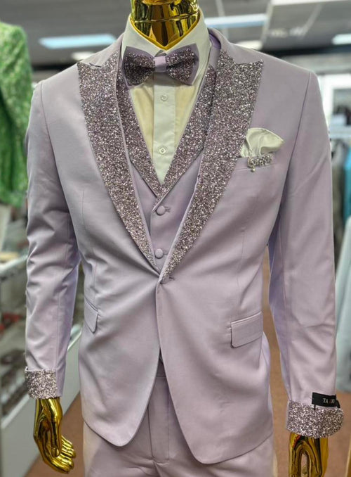 Men’s Lilac Suit with Silver Glitter Sequin Lapel – Lilac and Silver Formal Tuxedo Suit for Prom, Wedding  Lavender Tuxedo