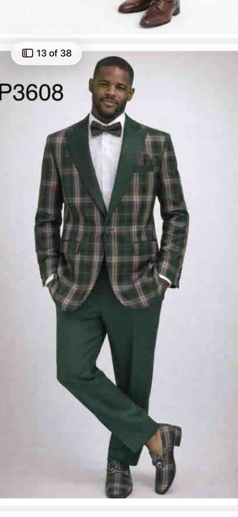Mens Tartan Green and Brown Blue Plaid Tuxedo Dinner Jacket Set – Checkered Prom Blazer with Dark Green Pants Formal Wedding Party Wear