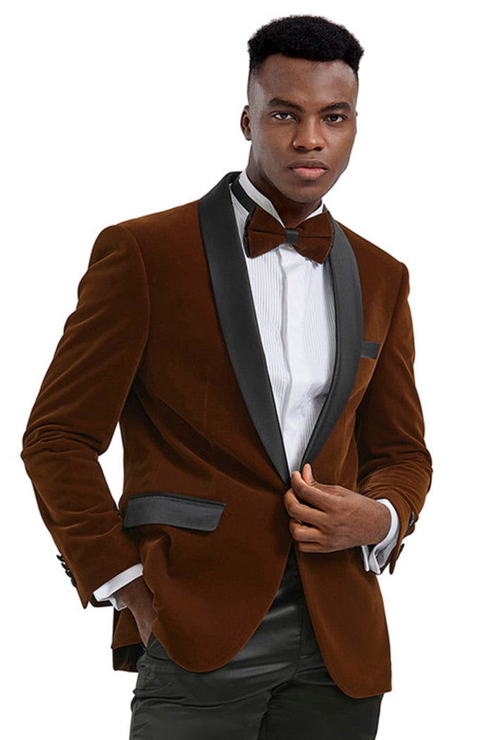 Men’s Brown Camel Bronze Velvet Tuxedo Jacket, Shawl Lapel Wedding Prom Dinner Blazer - Blazer Sportcoat