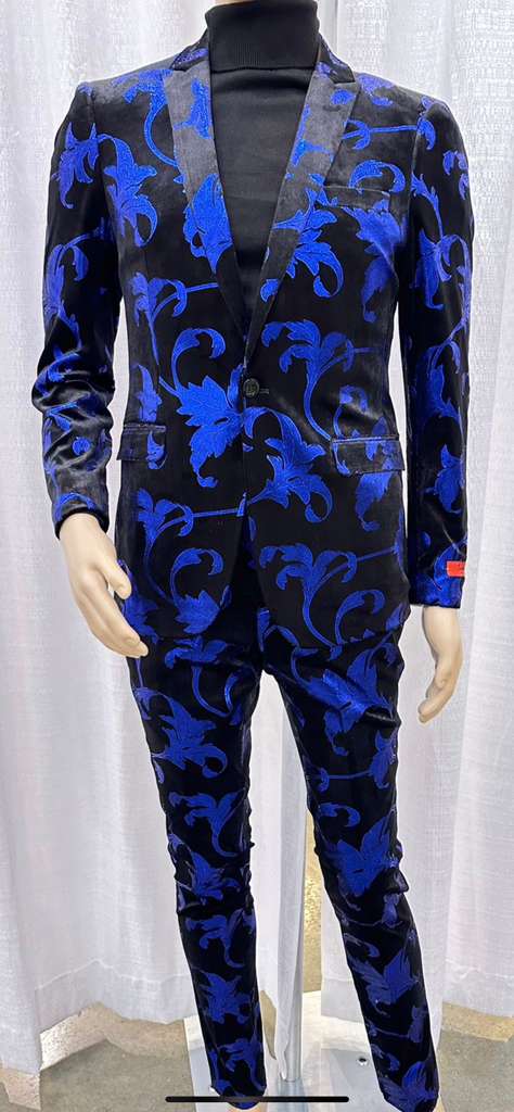 Men's black blazer featuring a royal blue patterned design with floral motifs, constructed from a smooth fabric, and displaying a fitted shape with a single button closure.