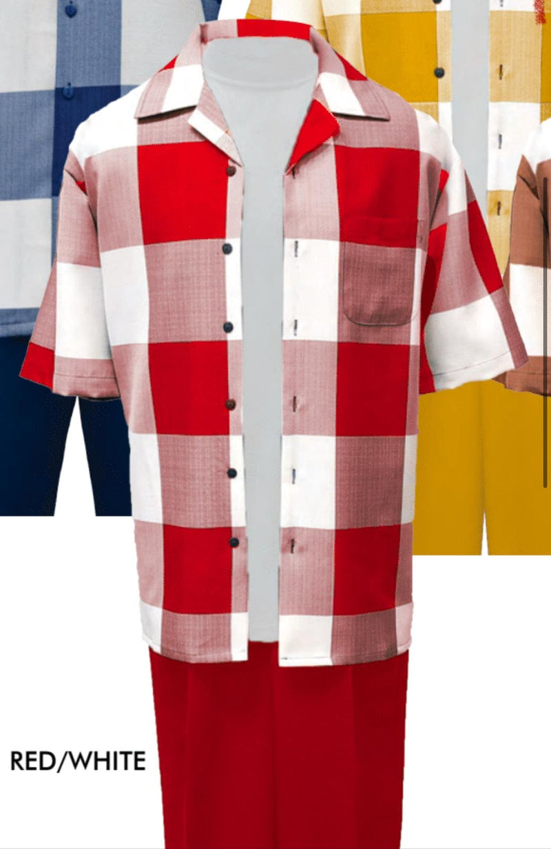 Red and white checkered short sleeve shirt with button front, chest pocket, and relaxed collar. Paired with matching red pants.
