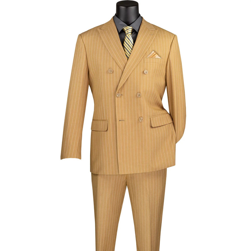 Alberto Nardoni men's camel tan pinstripe double-breasted suit. Structured blazer with side pockets, matching straight-cut trousers. Dark shirt and striped tie complete the look.

