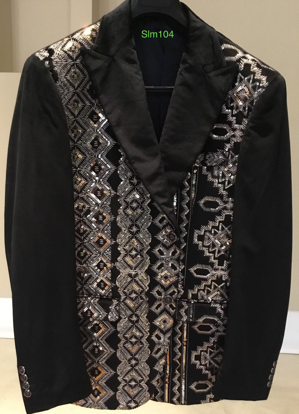 Mens Black and White and Silver Sequin Embroidered Blazer â€“ Luxury Designer Party Wear with Geometric Detailing