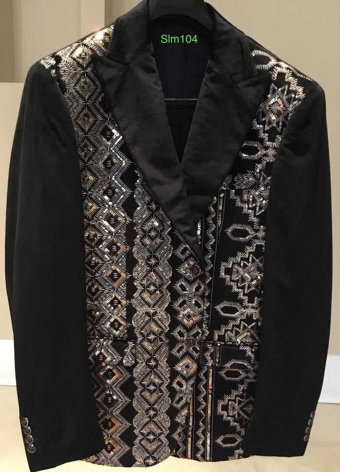 Mens Black and White and Silver Sequin Embroidered Blazer - Luxury Designer Party Wear with Geometric Detailing