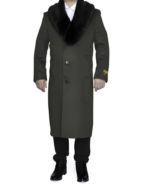 Men's olive wool overcoat with black fur collar. Knee-length, straight silhouette, single button closure. Crafted from luxury wool.
