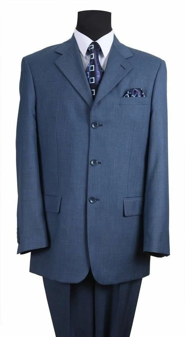 Men's sapphire steel blue suit: Three-button jacket, structured fit, textured fabric, subtle pattern, front pockets, pocket square. Matching trousers included.
