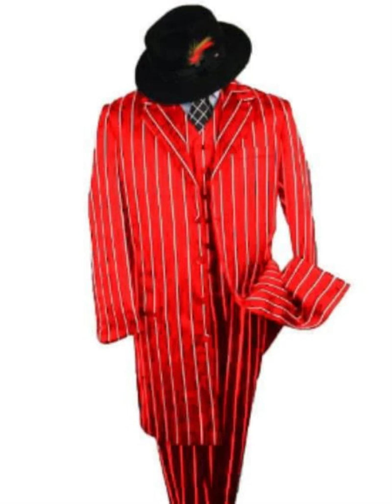 Alberto Nardoni's red pinstripe zoot suit: long, fitted silhouette with a single-breasted jacket (wide lapels, long sleeves) and matching tapered trousers. Bold red hue with striking white vertical stripes. Visually dramatic.
