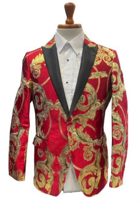 Men's Red and Gold Baroque Tuxedo Jacket with Black Satin Shawl Lapel