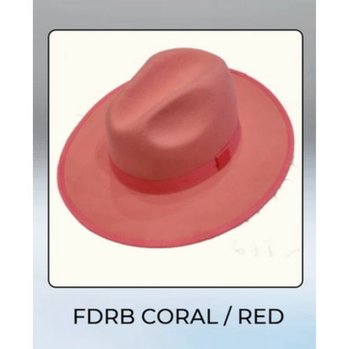 Men's coral pink wool felt fedora hat with a wide, flat brim. Features a smooth, rounded crown and a red ribbon band.
