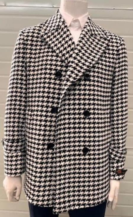 Men's houndstooth double-breasted overcoat. Classic black & white wool blend with notched collar & six buttons. Tailored sleeves with cuff button detail. Distinct houndstooth pattern.
