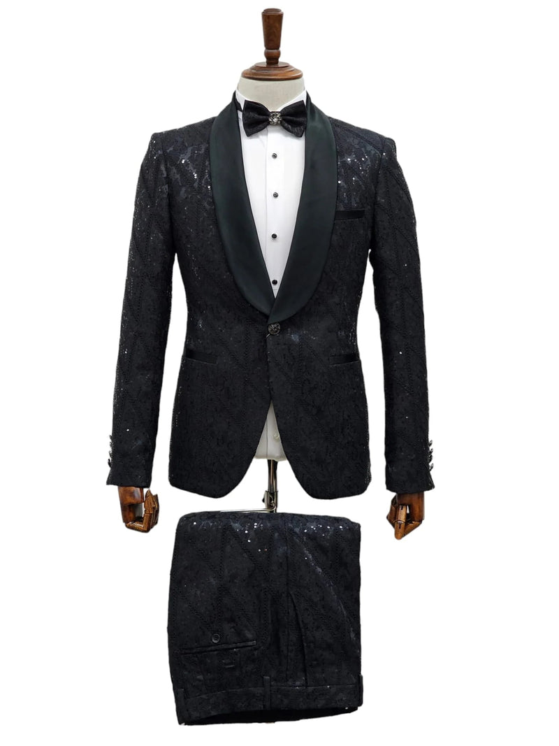 Black sequin tuxedo suit: textured jacket & trousers, satin shawl lapel, single-button closure, detailed waistband. A dazzling formal ensemble.
