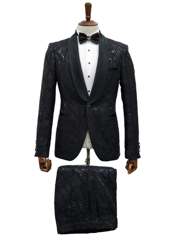 Black sequin tuxedo suit: textured jacket & trousers, satin shawl lapel, single-button closure, detailed waistband. A dazzling formal ensemble.
