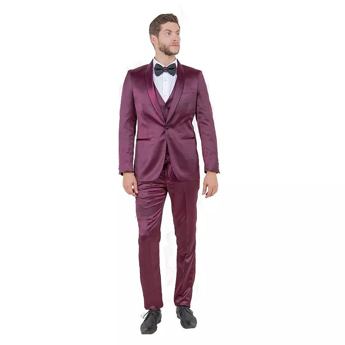 Men's burgundy slim-fit tuxedo: three-piece suit with shiny sateen fabric. Includes a jacket, waistcoat, and trousers. Features a satin shawl lapel for a sleek, glossy finish.
