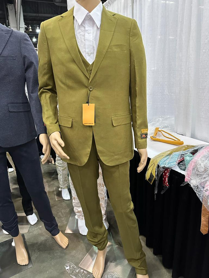 Alberto Nardoni men's olive green blazer. Tailored fit, single-breasted, notched lapel, two front pockets. Textured fabric with matching trousers. Muted olive green color.
