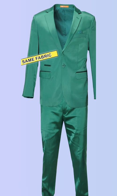 Men's emerald green sateen suit. Slim fit, two-piece set includes a blazer and pants. Features a smooth, glossy fabric and tailored design for a formal look.
